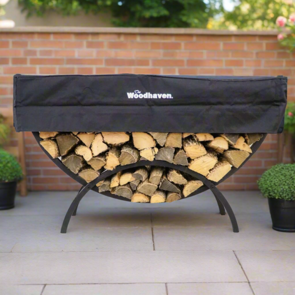 5 ft Crescent Firewood Rack with Seasoning Cover | Woodhaven